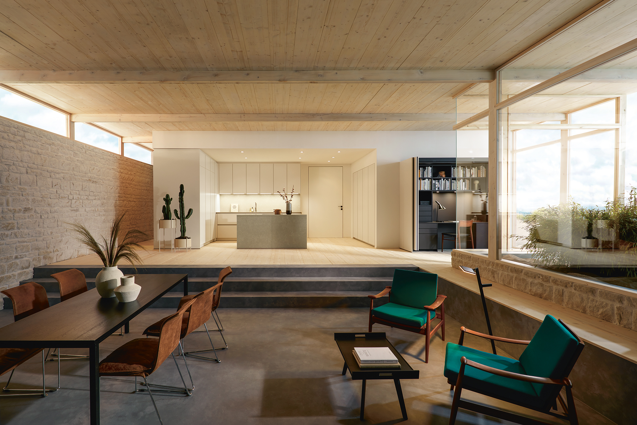 next125 offene L-Küche in Muschelweiß mit Mattlackfronten auf Podest